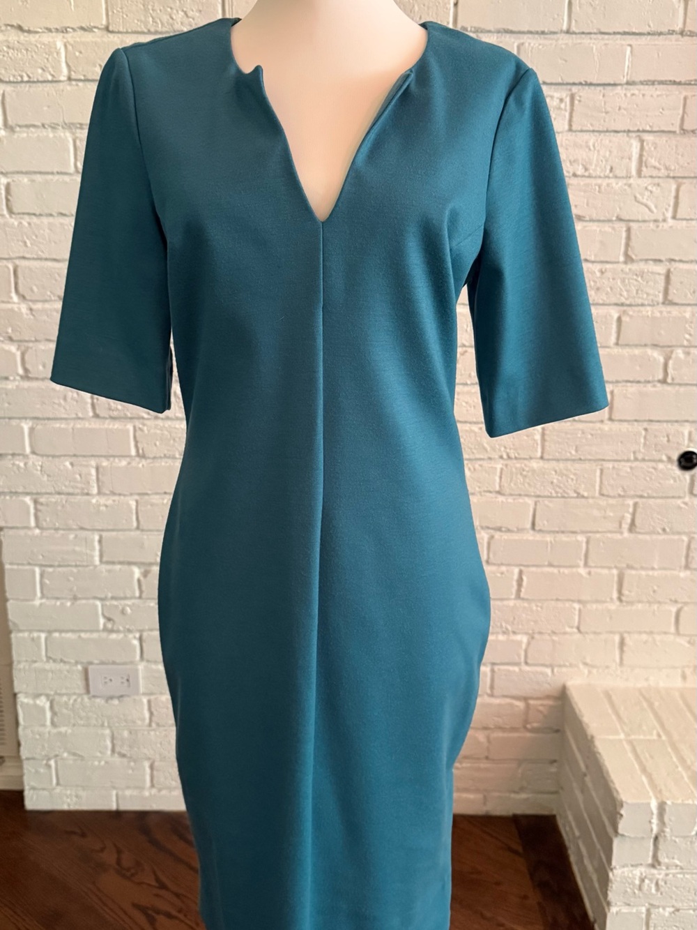 Diane Von Furstenberg Teal Green Midi Dress with Notch V-Neck